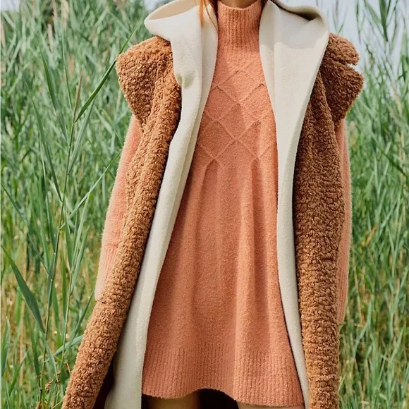 Free People Cozy Time Teddy Longline Vest Cashew Sherpa Duster Coat